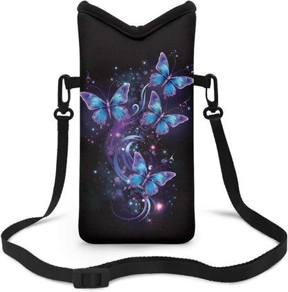 Neoprene Cross Body Phone Bag Pouch for Women Men Waterproof Small Crossbody Bag Protective Smartphone Case Pouch for Cellphone, Keys, Earbuds, Passport, Glitter Butterfly Sparkle Blue