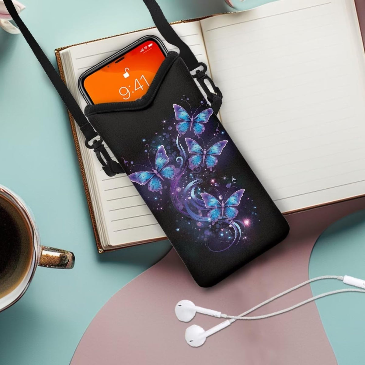 Neoprene Cross Body Phone Bag Pouch for Women Men Waterproof Small Crossbody Bag Protective Smartphone Case Pouch for Cellphone, Keys, Earbuds, Passport, Glitter Butterfly Sparkle Blue