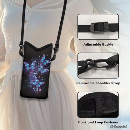 Neoprene Cross Body Phone Bag Pouch for Women Men Waterproof Small Crossbody Bag Protective Smartphone Case Pouch for Cellphone, Keys, Earbuds, Passport, Glitter Butterfly Sparkle Blue