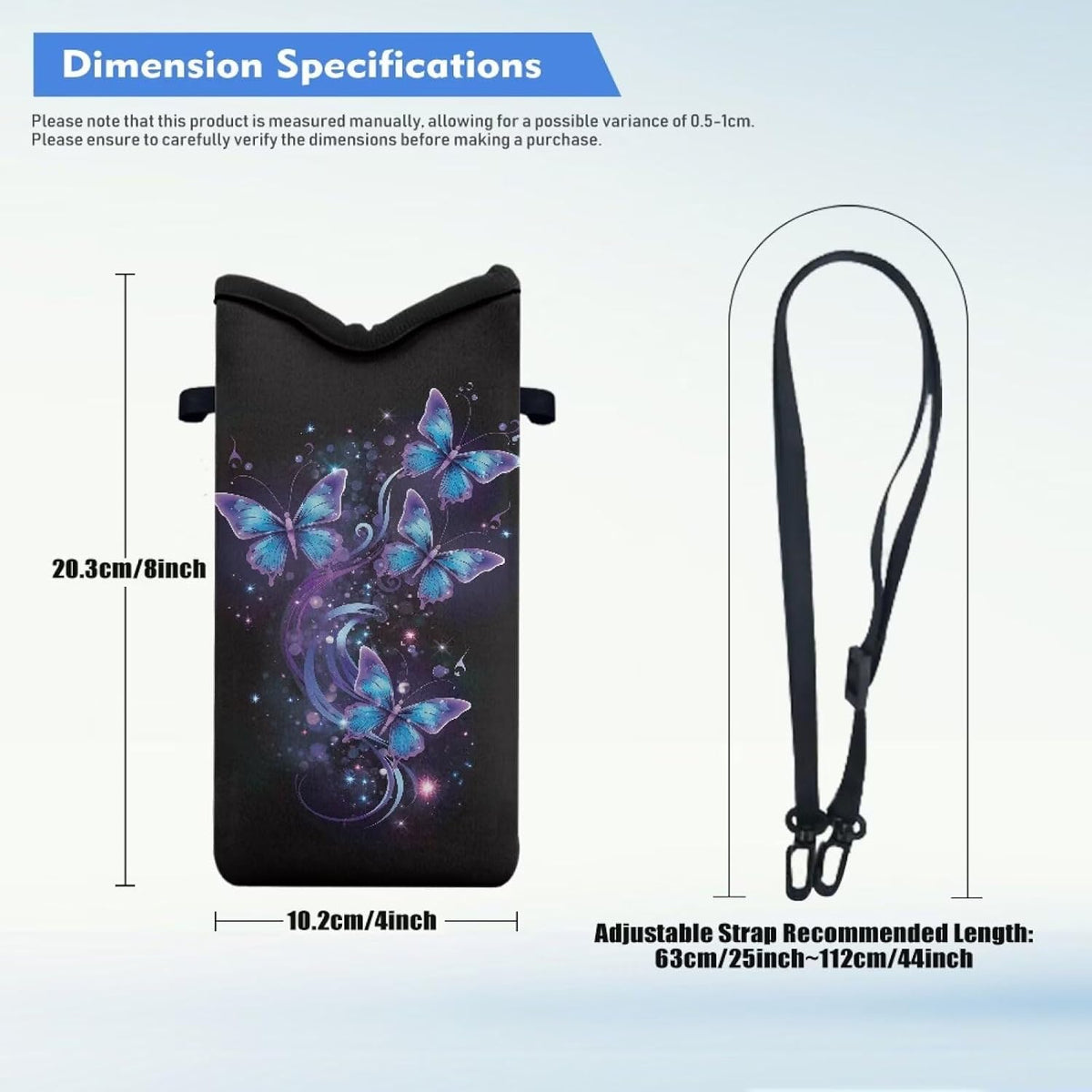 Neoprene Cross Body Phone Bag Pouch for Women Men Waterproof Small Crossbody Bag Protective Smartphone Case Pouch for Cellphone, Keys, Earbuds, Passport, Glitter Butterfly Sparkle Blue