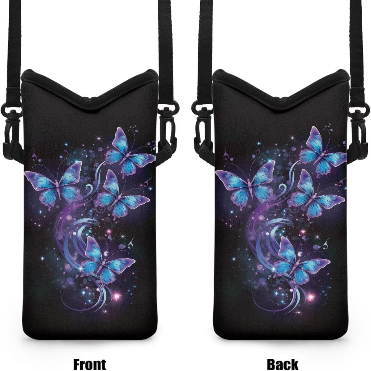 Neoprene Cross Body Phone Bag Pouch for Women Men Waterproof Small Crossbody Bag Protective Smartphone Case Pouch for Cellphone, Keys, Earbuds, Passport, Glitter Butterfly Sparkle Blue