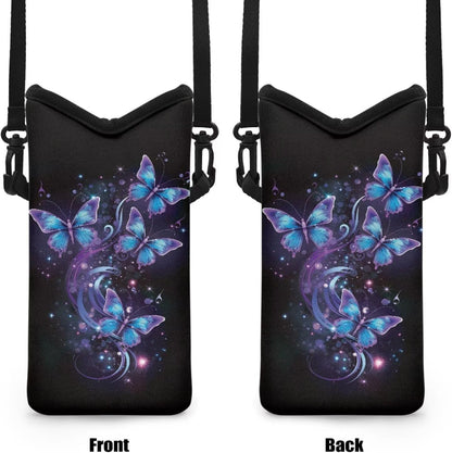 Neoprene Cross Body Phone Bag Pouch for Women Men Waterproof Small Crossbody Bag Protective Smartphone Case Pouch for Cellphone, Keys, Earbuds, Passport, Glitter Butterfly Sparkle Blue