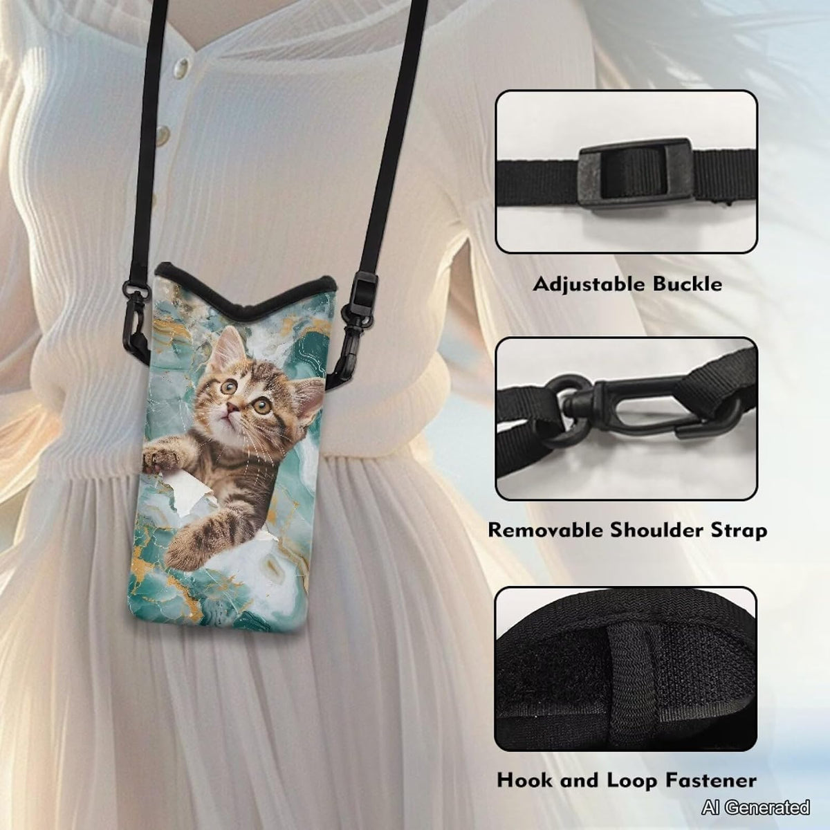 Neoprene Cross Body Phone Bag Pouch for Women Men Waterproof Small Crossbody Bag Protective Smartphone Case Pouch for Cellphone, Keys, Earbuds, Passport, Glitter Butterfly Sparkle Blue