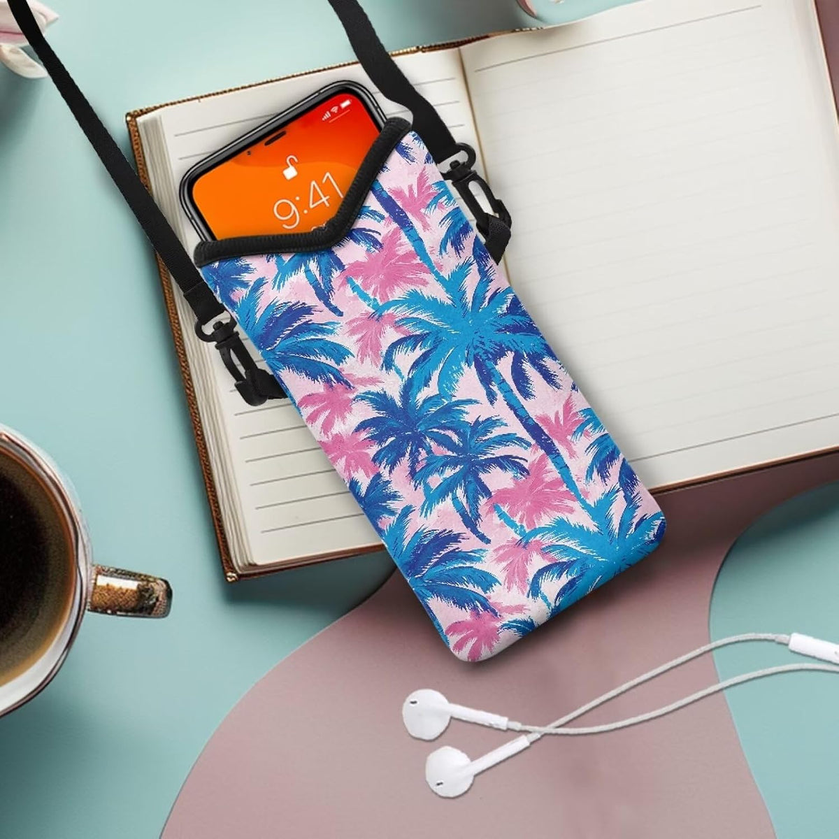 Neoprene Cross Body Phone Bag Pouch for Women Men Waterproof Small Crossbody Bag Protective Smartphone Case Pouch for Cellphone, Keys, Earbuds, Passport, Glitter Butterfly Sparkle Blue