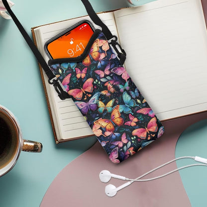 Neoprene Cross Body Phone Bag Pouch for Women Men Waterproof Small Crossbody Bag Protective Smartphone Case Pouch for Cellphone, Keys, Earbuds, Passport, Glitter Butterfly Sparkle Blue