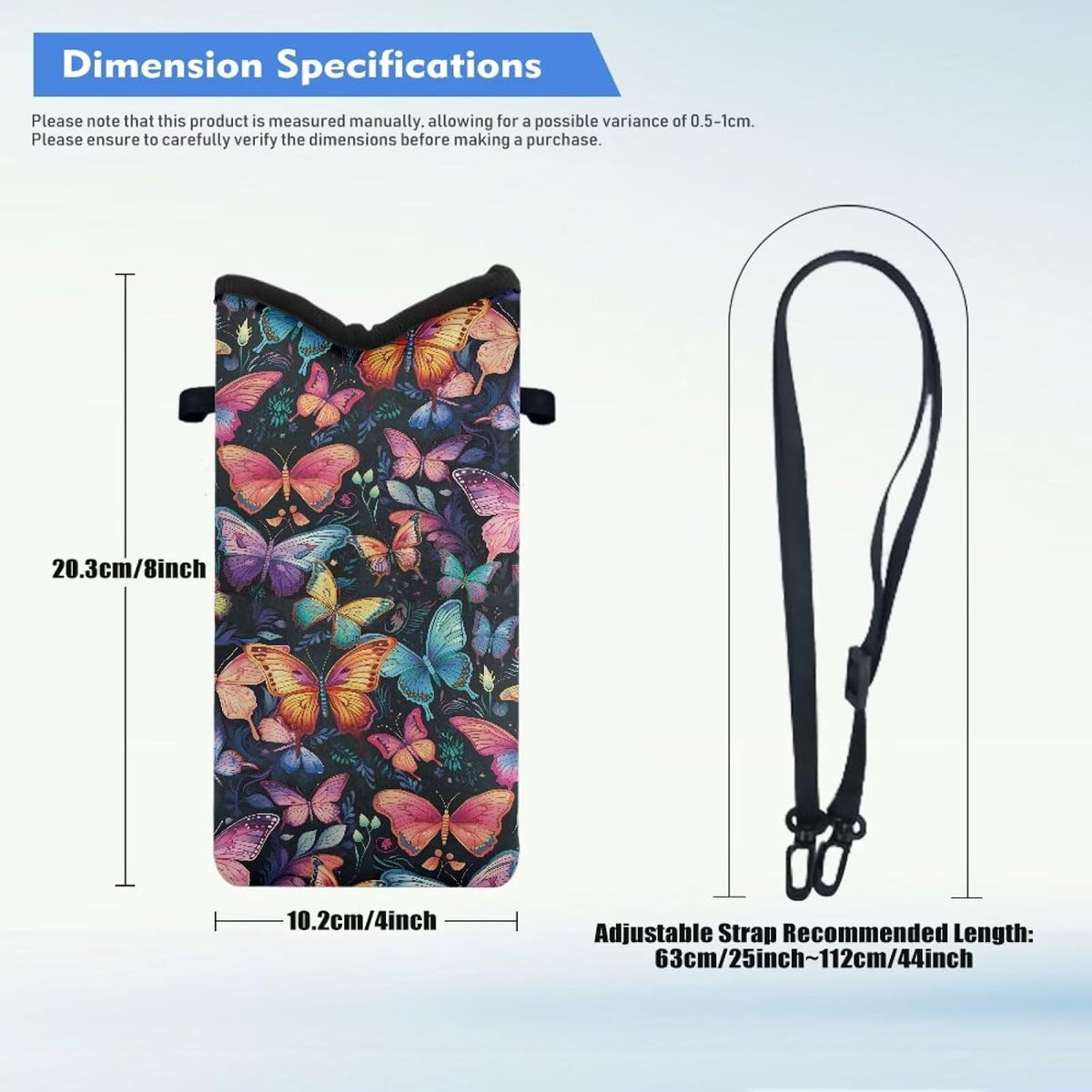 Neoprene Cross Body Phone Bag Pouch for Women Men Waterproof Small Crossbody Bag Protective Smartphone Case Pouch for Cellphone, Keys, Earbuds, Passport, Glitter Butterfly Sparkle Blue