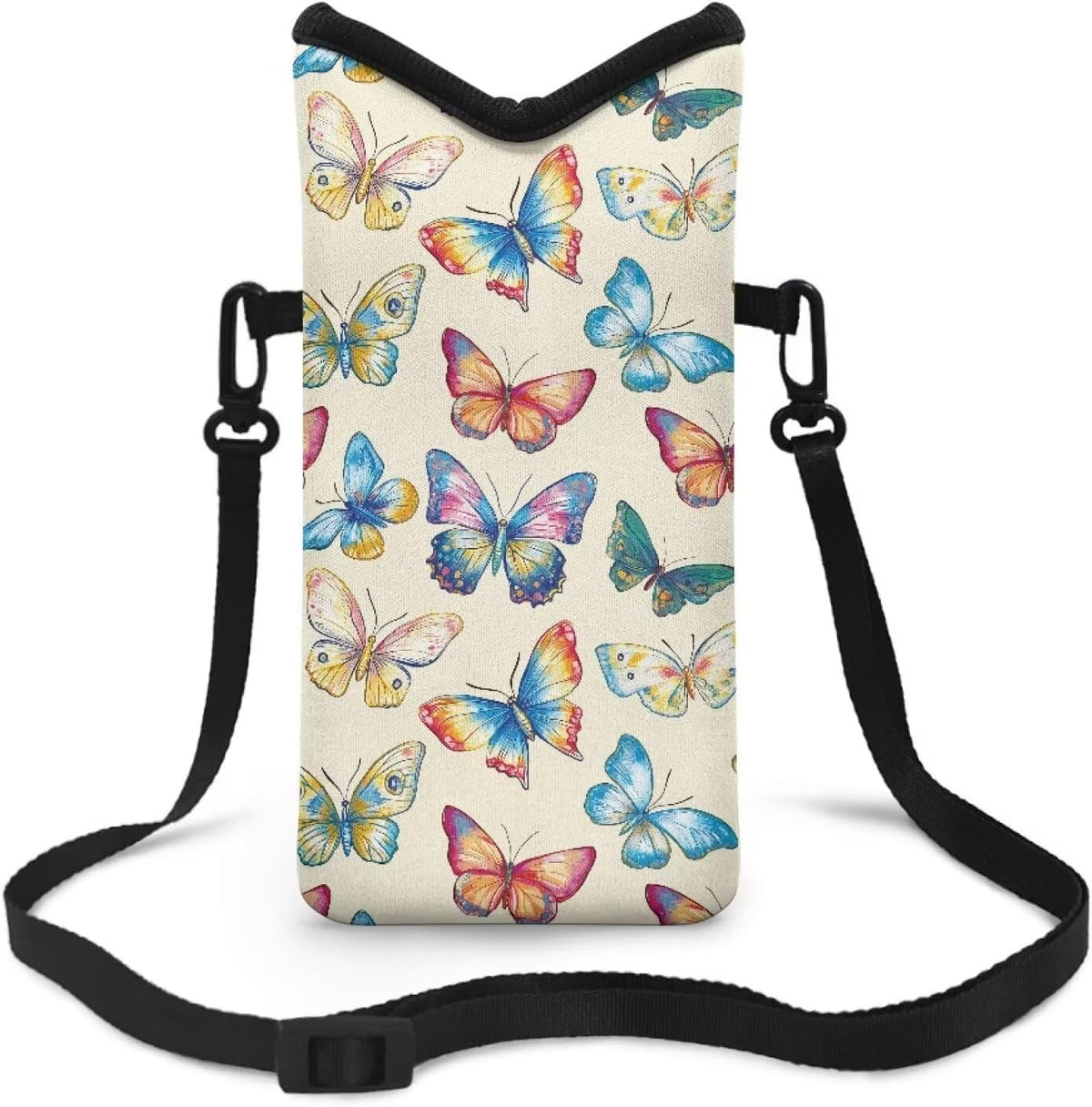 Neoprene Cross Body Phone Bag Pouch for Women Men Waterproof Small Crossbody Bag Protective Smartphone Case Pouch for Cellphone, Keys, Earbuds, Passport, Glitter Butterfly Sparkle Blue