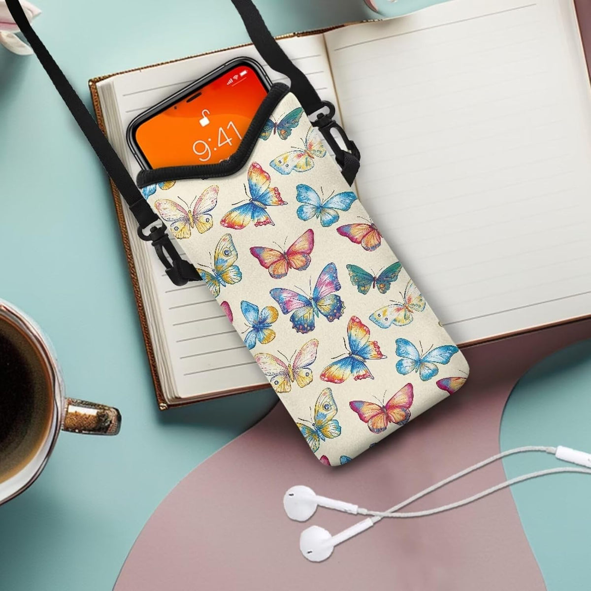 Neoprene Cross Body Phone Bag Pouch for Women Men Waterproof Small Crossbody Bag Protective Smartphone Case Pouch for Cellphone, Keys, Earbuds, Passport, Glitter Butterfly Sparkle Blue