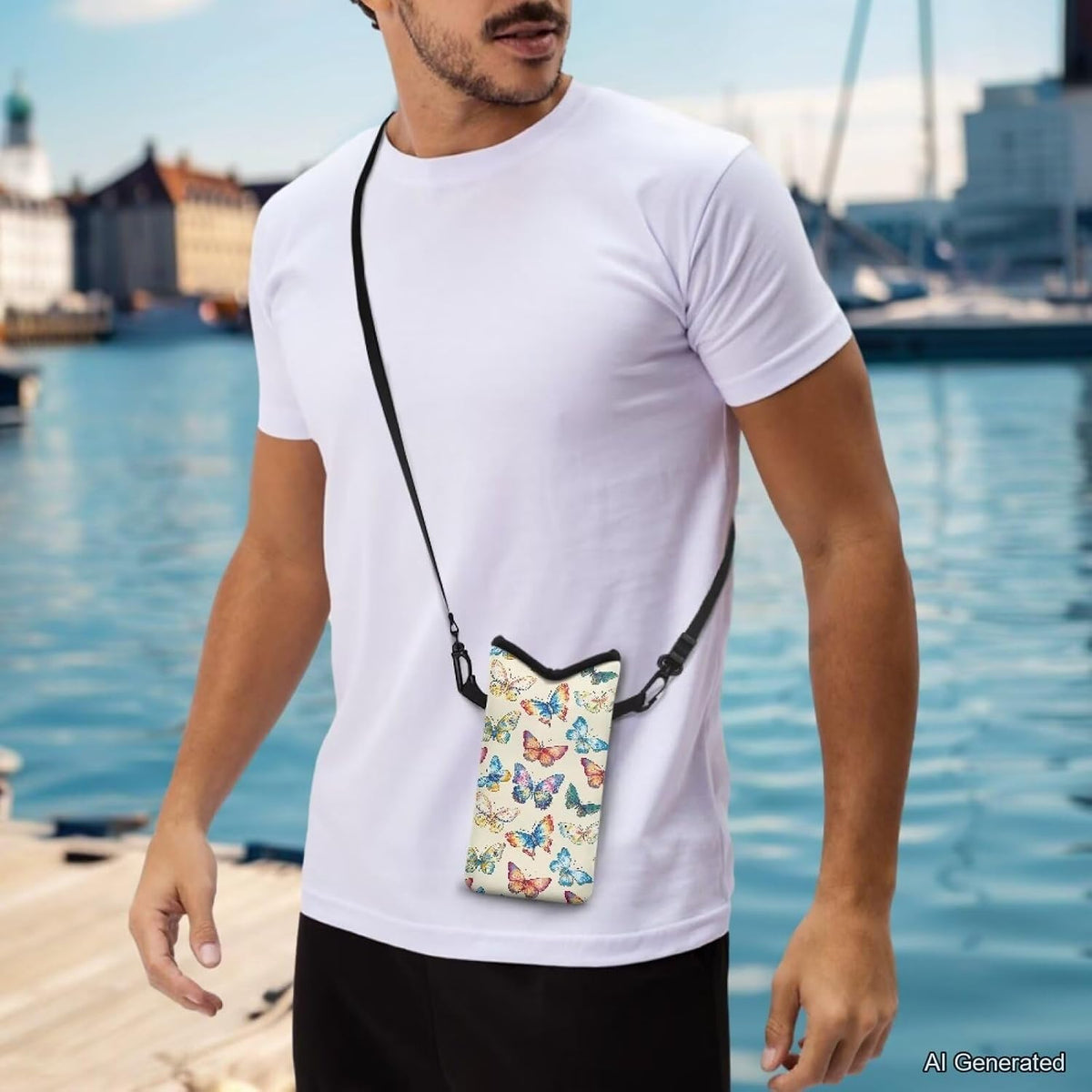 Neoprene Cross Body Phone Bag Pouch for Women Men Waterproof Small Crossbody Bag Protective Smartphone Case Pouch for Cellphone, Keys, Earbuds, Passport, Glitter Butterfly Sparkle Blue