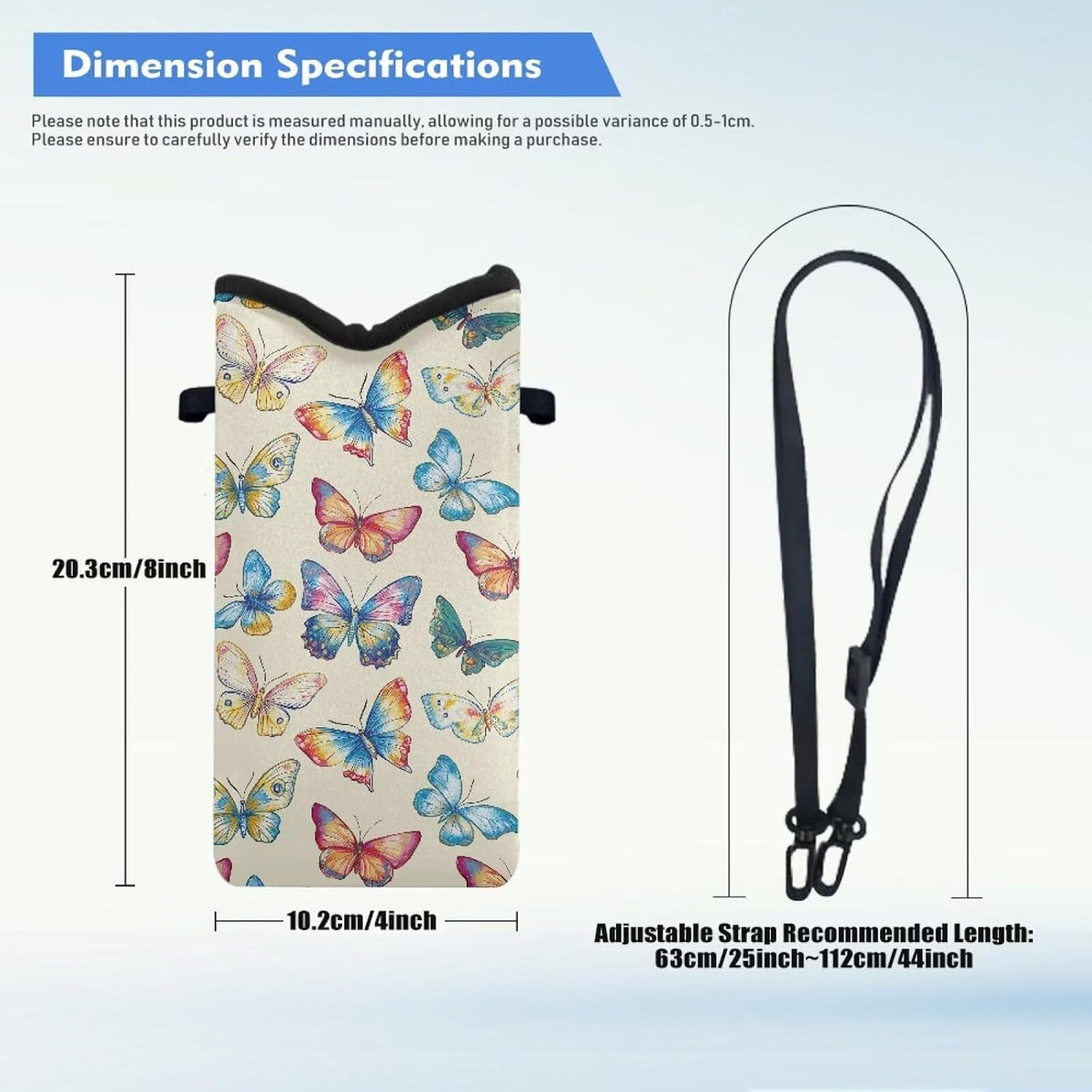 Neoprene Cross Body Phone Bag Pouch for Women Men Waterproof Small Crossbody Bag Protective Smartphone Case Pouch for Cellphone, Keys, Earbuds, Passport, Glitter Butterfly Sparkle Blue