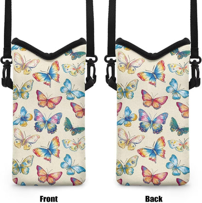 Neoprene Cross Body Phone Bag Pouch for Women Men Waterproof Small Crossbody Bag Protective Smartphone Case Pouch for Cellphone, Keys, Earbuds, Passport, Glitter Butterfly Sparkle Blue
