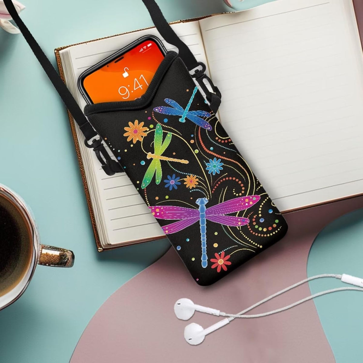 Neoprene Cross Body Phone Bag Pouch for Women Men Waterproof Small Crossbody Bag Protective Smartphone Case Pouch for Cellphone, Keys, Earbuds, Passport, Glitter Butterfly Sparkle Blue