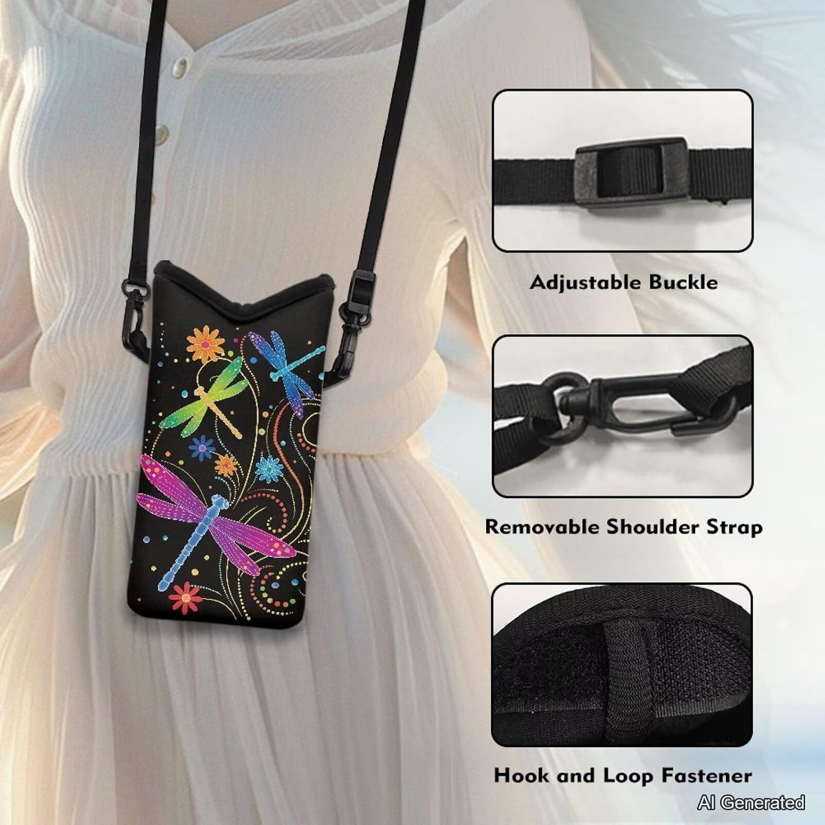 Neoprene Cross Body Phone Bag Pouch for Women Men Waterproof Small Crossbody Bag Protective Smartphone Case Pouch for Cellphone, Keys, Earbuds, Passport, Glitter Butterfly Sparkle Blue