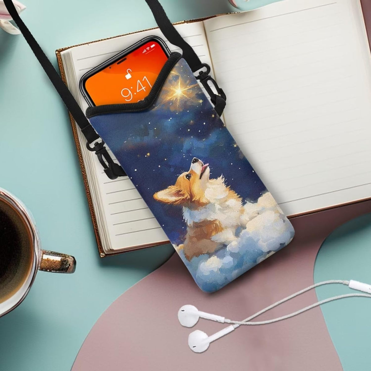 Neoprene Cross Body Phone Bag Pouch for Women Men Waterproof Small Crossbody Bag Protective Smartphone Case Pouch for Cellphone, Keys, Earbuds, Passport, Glitter Butterfly Sparkle Blue