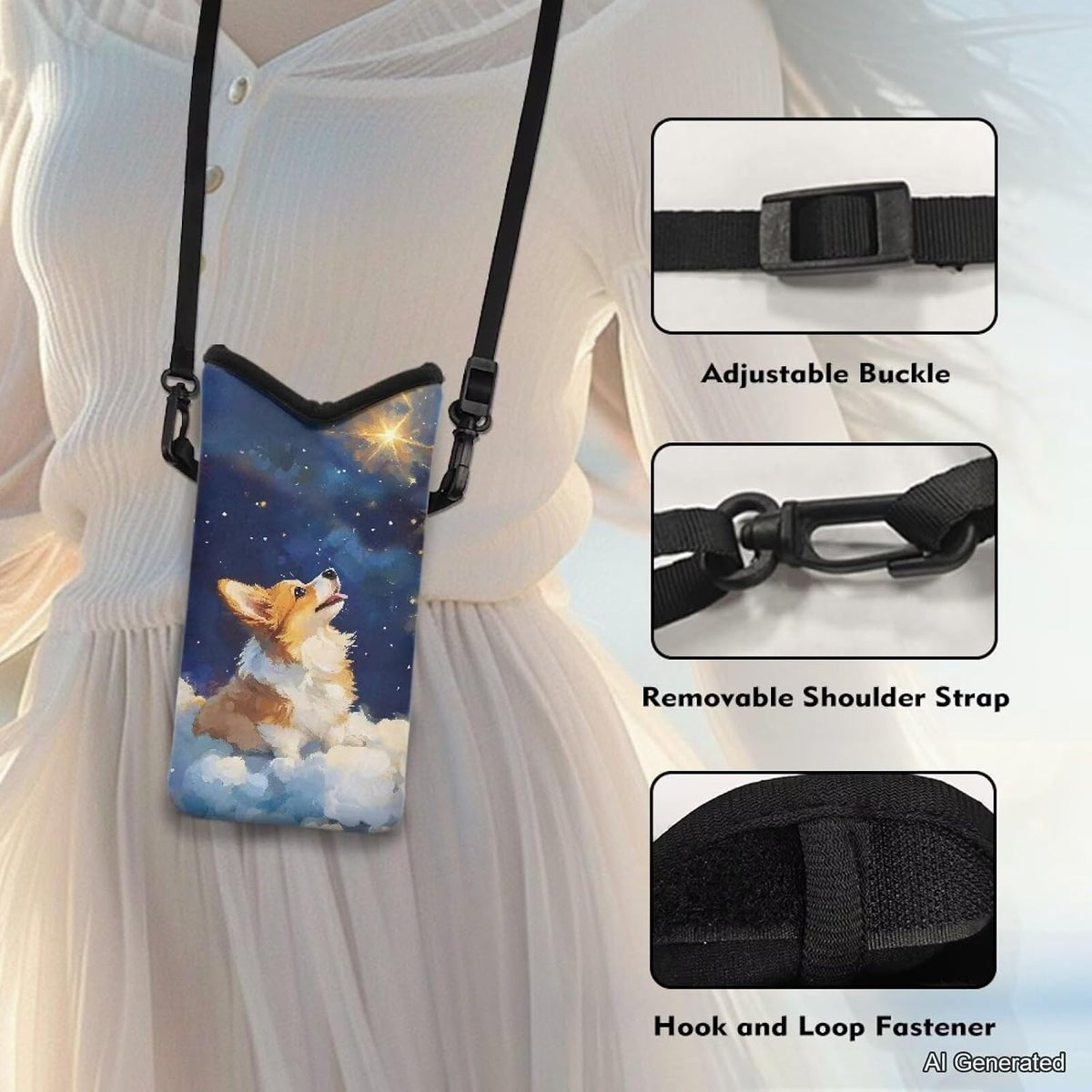 Neoprene Cross Body Phone Bag Pouch for Women Men Waterproof Small Crossbody Bag Protective Smartphone Case Pouch for Cellphone, Keys, Earbuds, Passport, Glitter Butterfly Sparkle Blue