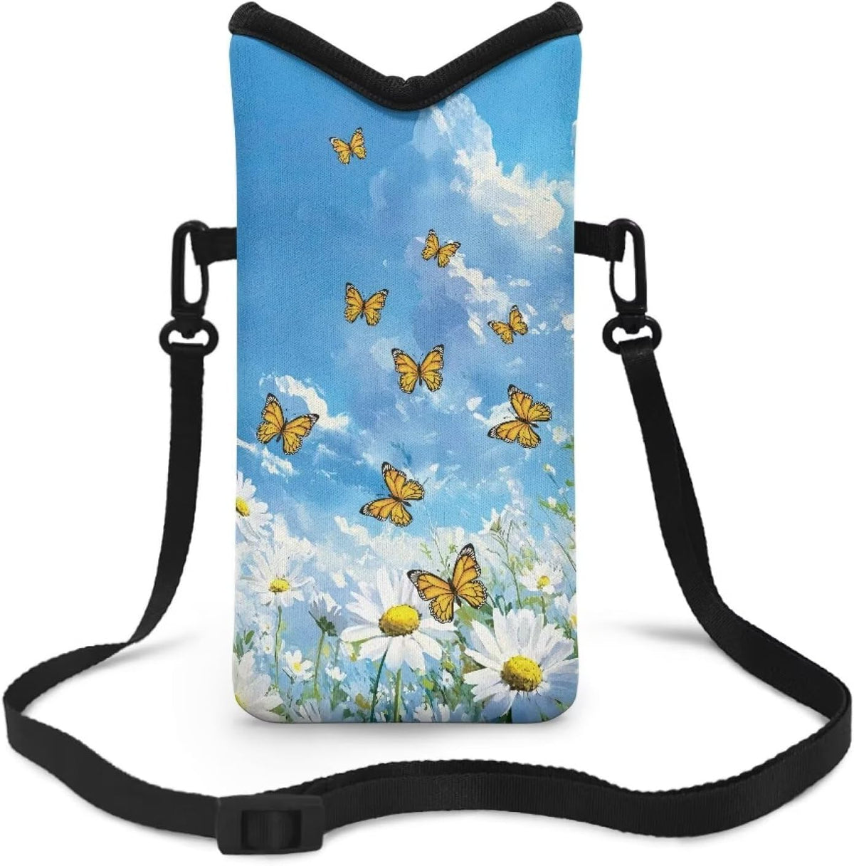 Neoprene Cross Body Phone Bag Pouch for Women Men Waterproof Small Crossbody Bag Protective Smartphone Case Pouch for Cellphone, Keys, Earbuds, Passport, Glitter Butterfly Sparkle Blue