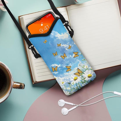 Neoprene Cross Body Phone Bag Pouch for Women Men Waterproof Small Crossbody Bag Protective Smartphone Case Pouch for Cellphone, Keys, Earbuds, Passport, Glitter Butterfly Sparkle Blue