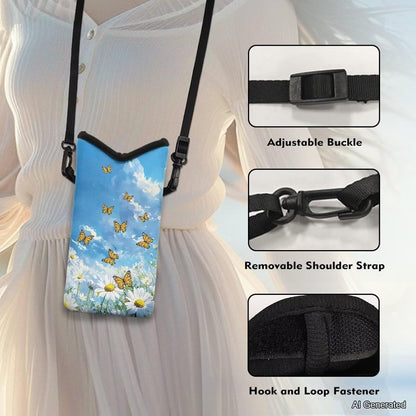 Neoprene Cross Body Phone Bag Pouch for Women Men Waterproof Small Crossbody Bag Protective Smartphone Case Pouch for Cellphone, Keys, Earbuds, Passport, Glitter Butterfly Sparkle Blue