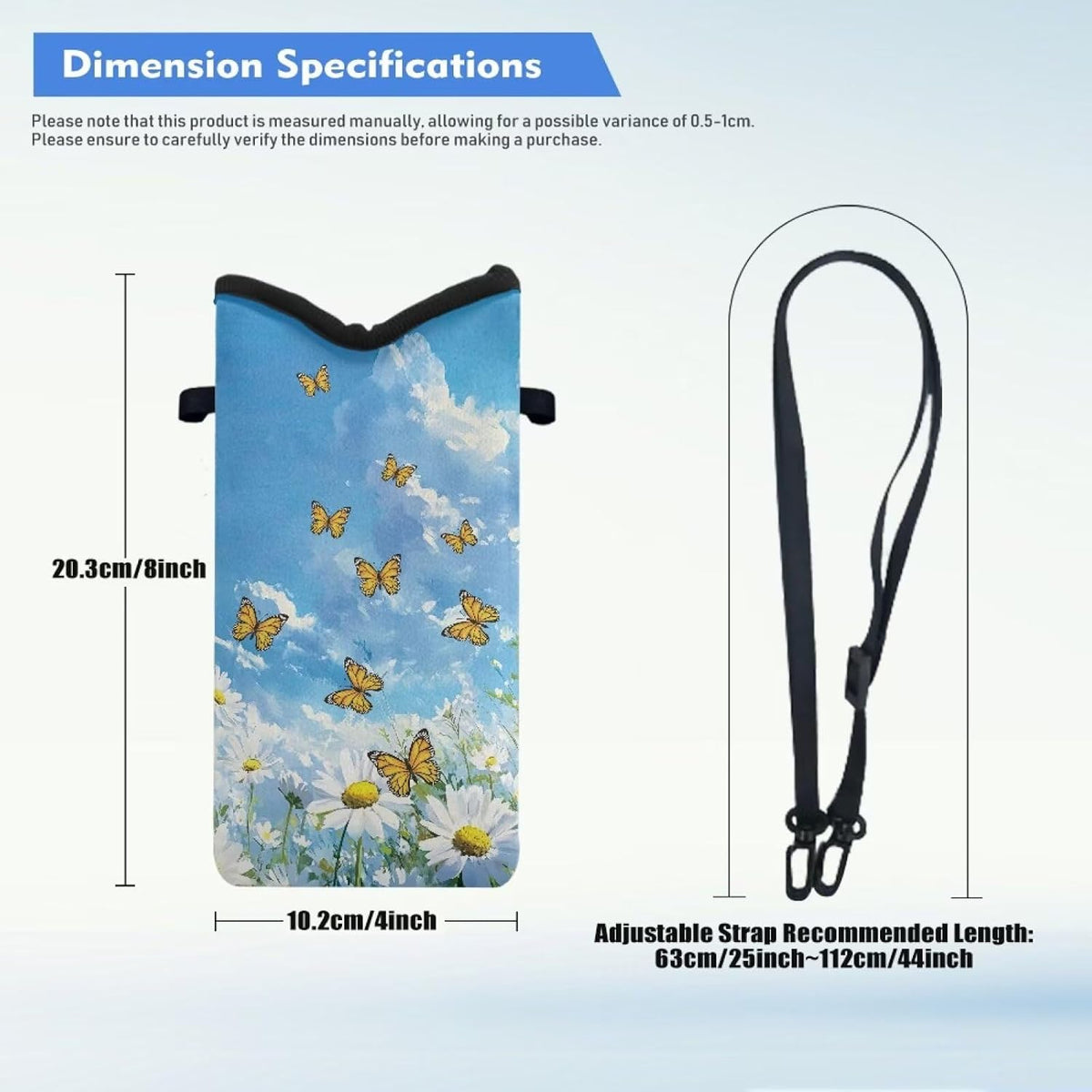 Neoprene Cross Body Phone Bag Pouch for Women Men Waterproof Small Crossbody Bag Protective Smartphone Case Pouch for Cellphone, Keys, Earbuds, Passport, Glitter Butterfly Sparkle Blue