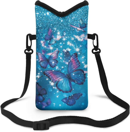Neoprene Cross Body Phone Bag Pouch for Women Men Waterproof Small Crossbody Bag Protective Smartphone Case Pouch for Cellphone, Keys, Earbuds, Passport, Glitter Butterfly Sparkle Blue