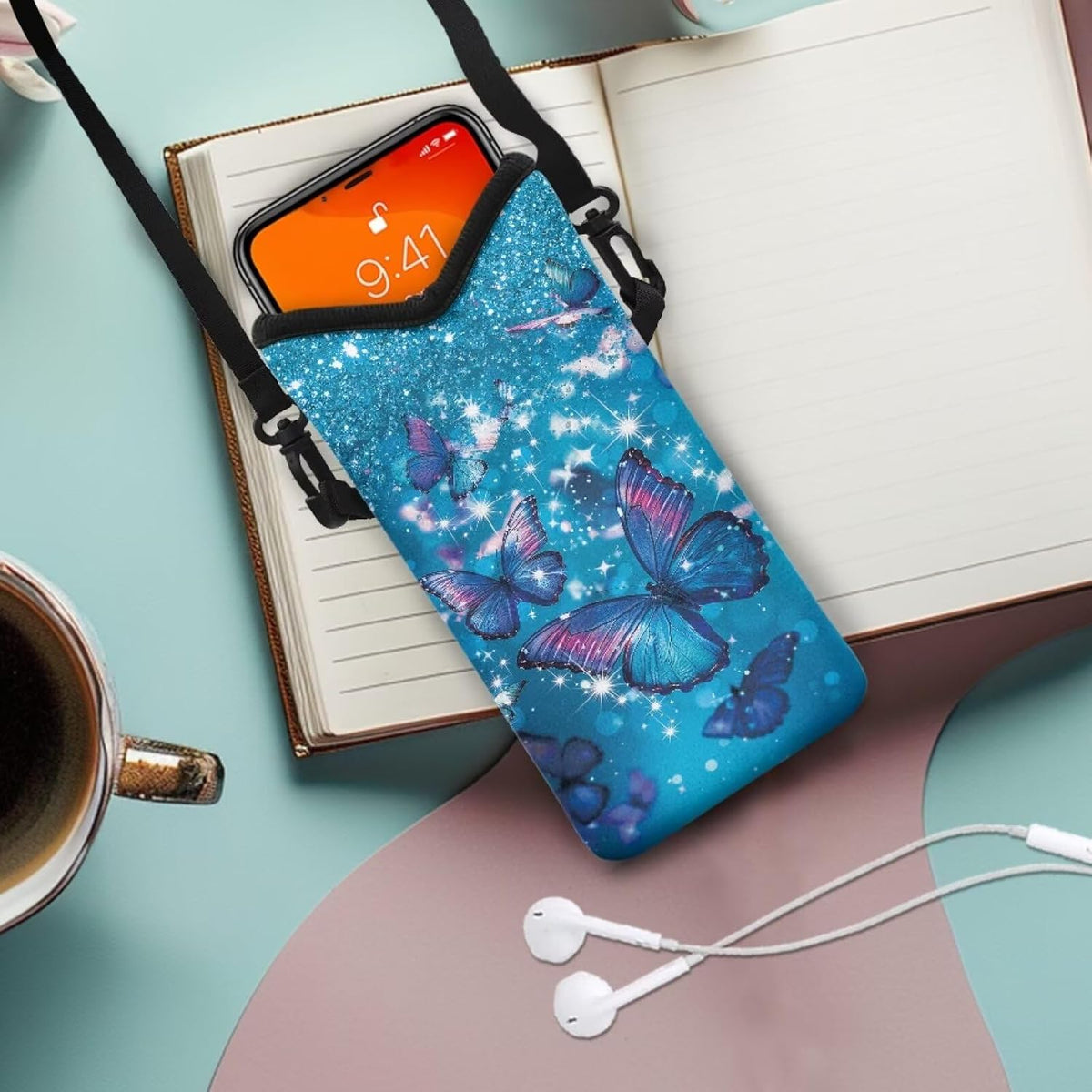 Neoprene Cross Body Phone Bag Pouch for Women Men Waterproof Small Crossbody Bag Protective Smartphone Case Pouch for Cellphone, Keys, Earbuds, Passport, Glitter Butterfly Sparkle Blue