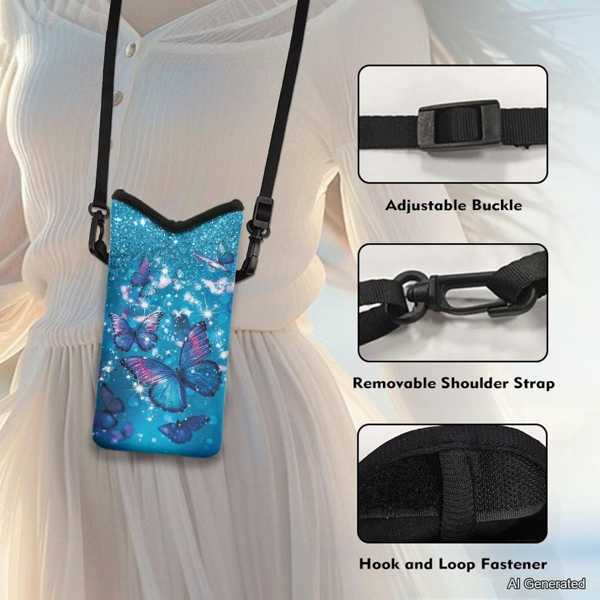 Neoprene Cross Body Phone Bag Pouch for Women Men Waterproof Small Crossbody Bag Protective Smartphone Case Pouch for Cellphone, Keys, Earbuds, Passport, Glitter Butterfly Sparkle Blue