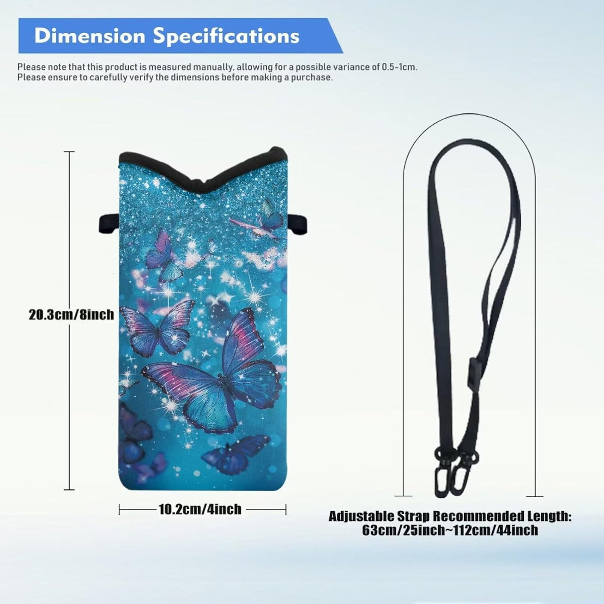Neoprene Cross Body Phone Bag Pouch for Women Men Waterproof Small Crossbody Bag Protective Smartphone Case Pouch for Cellphone, Keys, Earbuds, Passport, Glitter Butterfly Sparkle Blue
