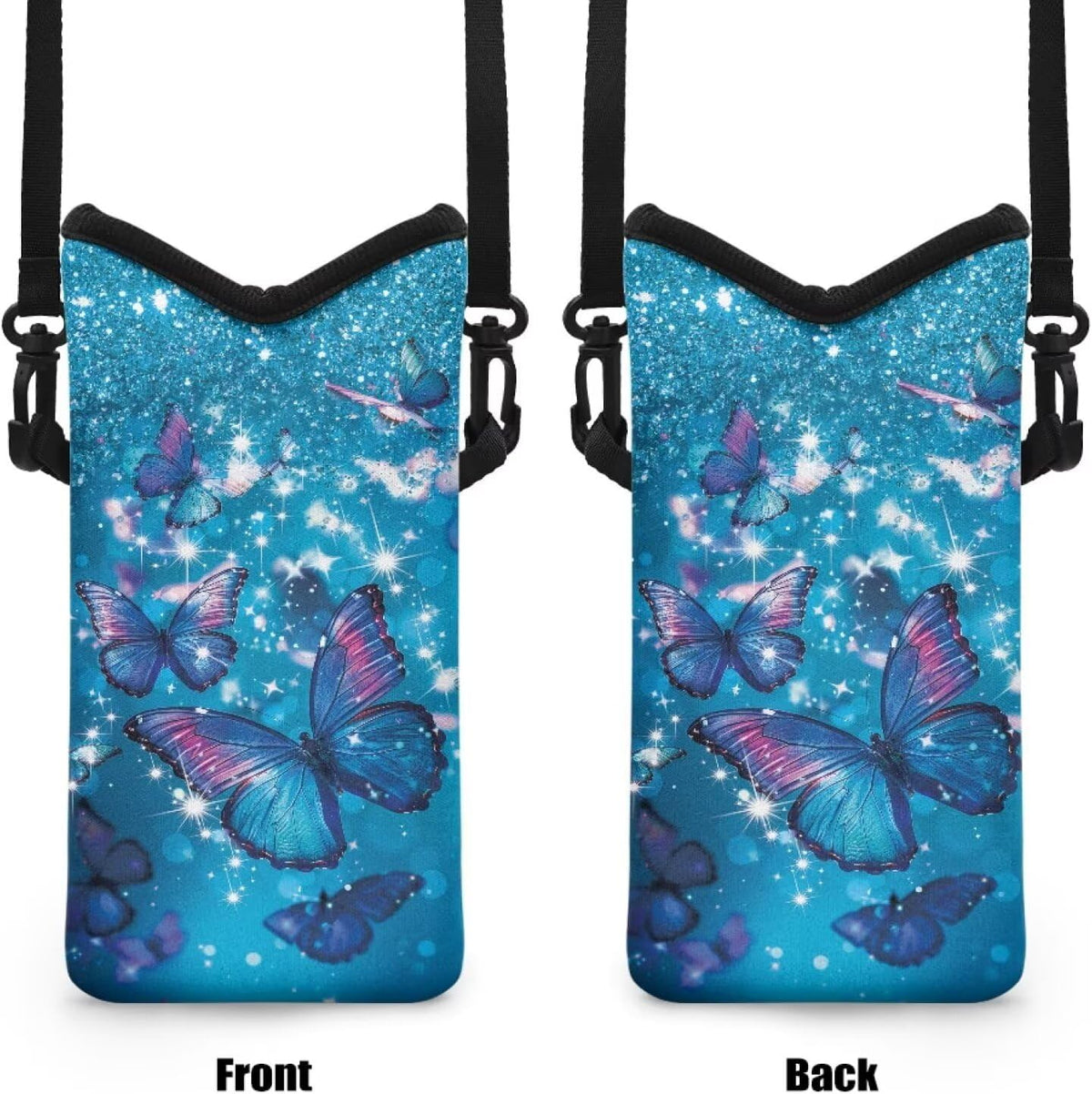 Neoprene Cross Body Phone Bag Pouch for Women Men Waterproof Small Crossbody Bag Protective Smartphone Case Pouch for Cellphone, Keys, Earbuds, Passport, Glitter Butterfly Sparkle Blue