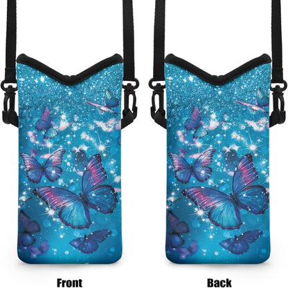 Neoprene Cross Body Phone Bag Pouch for Women Men Waterproof Small Crossbody Bag Protective Smartphone Case Pouch for Cellphone, Keys, Earbuds, Passport, Glitter Butterfly Sparkle Blue