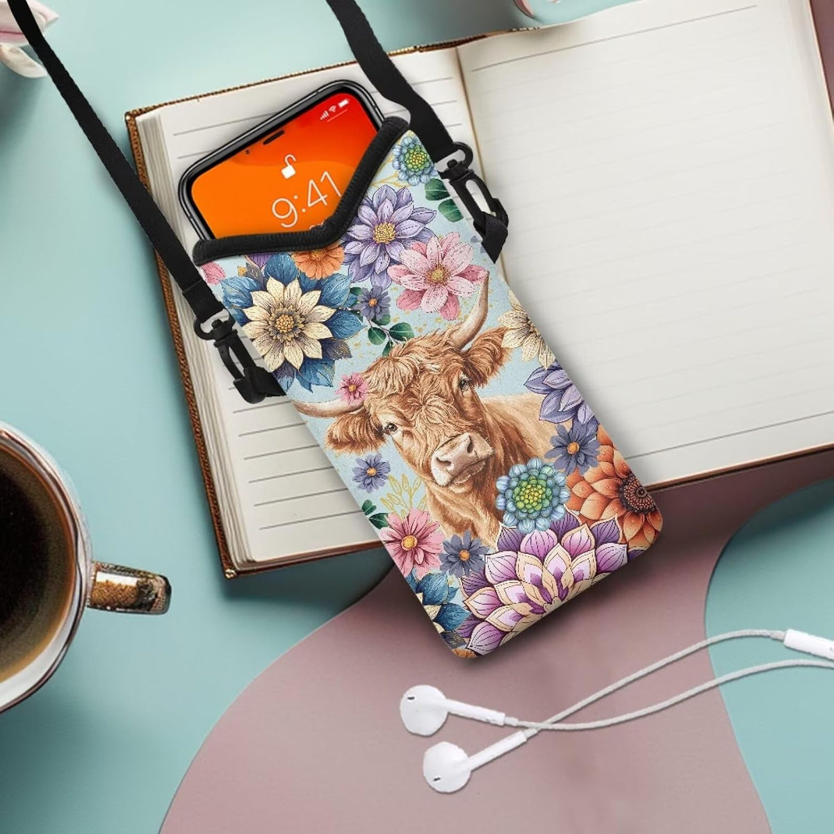 Neoprene Cross Body Phone Bag Pouch for Women Men Waterproof Small Crossbody Bag Protective Smartphone Case Pouch for Cellphone, Keys, Earbuds, Passport, Glitter Butterfly Sparkle Blue