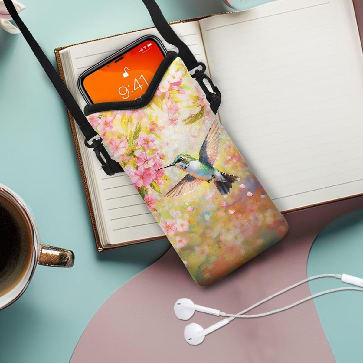 Neoprene Cross Body Phone Bag Pouch for Women Men Waterproof Small Crossbody Bag Protective Smartphone Case Pouch for Cellphone, Keys, Earbuds, Passport, Glitter Butterfly Sparkle Blue