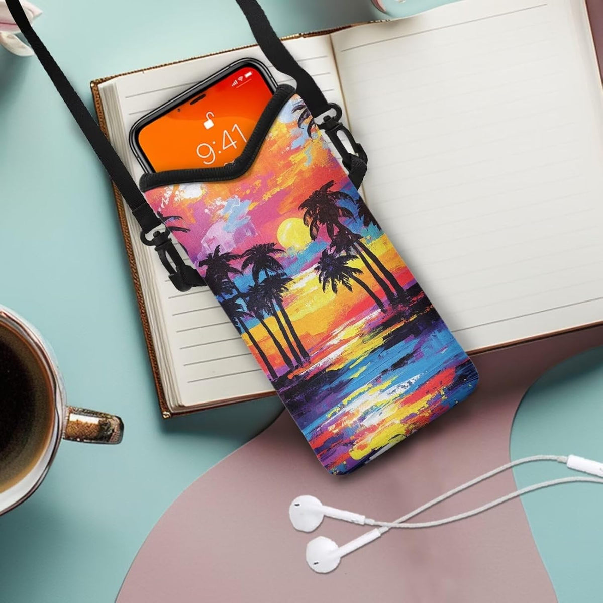Neoprene Cross Body Phone Bag Pouch for Women Men Waterproof Small Crossbody Bag Protective Smartphone Case Pouch for Cellphone, Keys, Earbuds, Passport, Glitter Butterfly Sparkle Blue