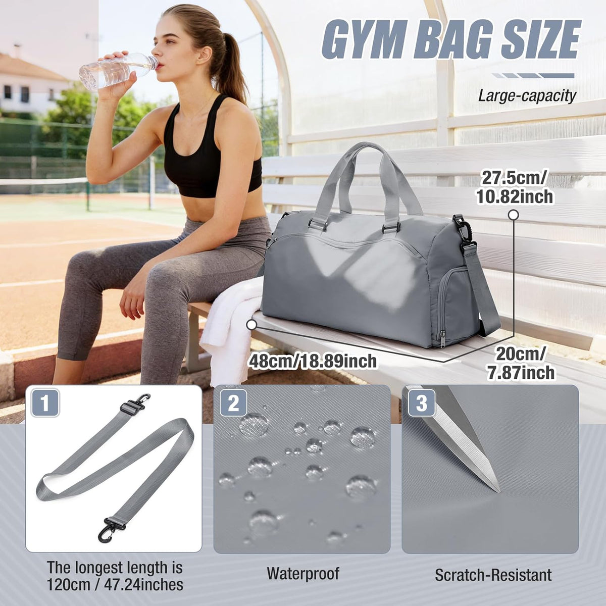 Gym Bag for Women & Men,Sports Duffel Bag Travel Bag with Shoe Compartment,Personal Item Weekender Bags with Wet Pocket,Grey Overnight Bag
