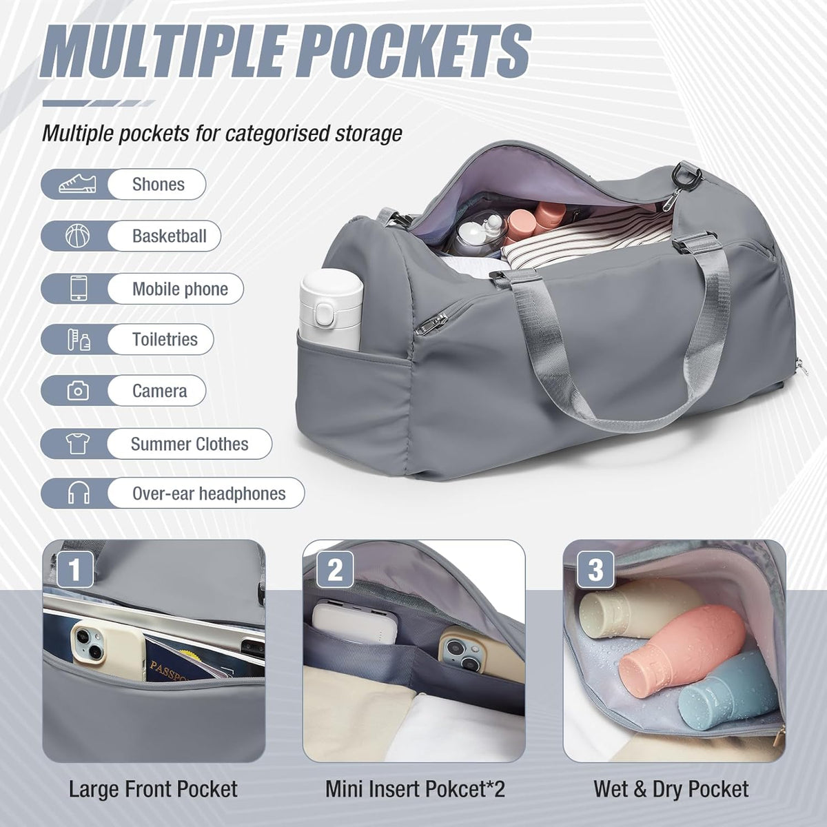 Gym Bag for Women & Men,Sports Duffel Bag Travel Bag with Shoe Compartment,Personal Item Weekender Bags with Wet Pocket,Grey Overnight Bag