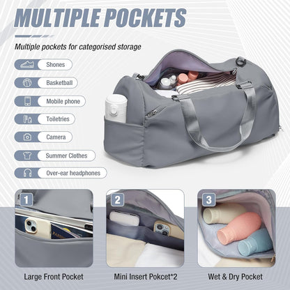 Gym Bag for Women & Men,Sports Duffel Bag Travel Bag with Shoe Compartment,Personal Item Weekender Bags with Wet Pocket,Grey Overnight Bag