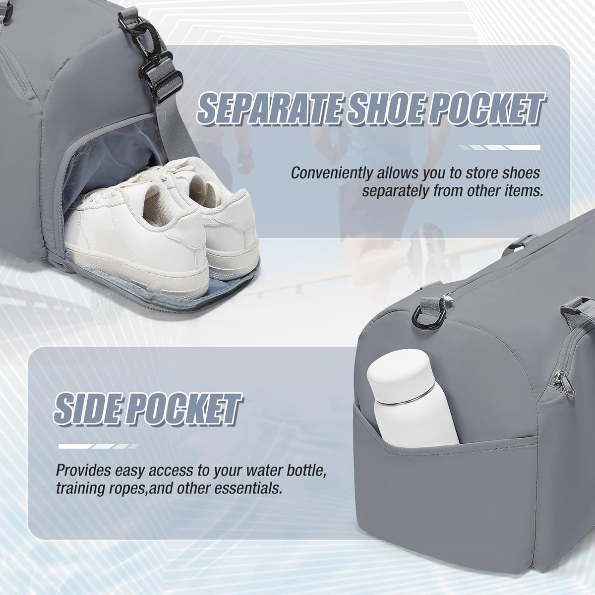 Gym Bag for Women & Men,Sports Duffel Bag Travel Bag with Shoe Compartment,Personal Item Weekender Bags with Wet Pocket,Grey Overnight Bag