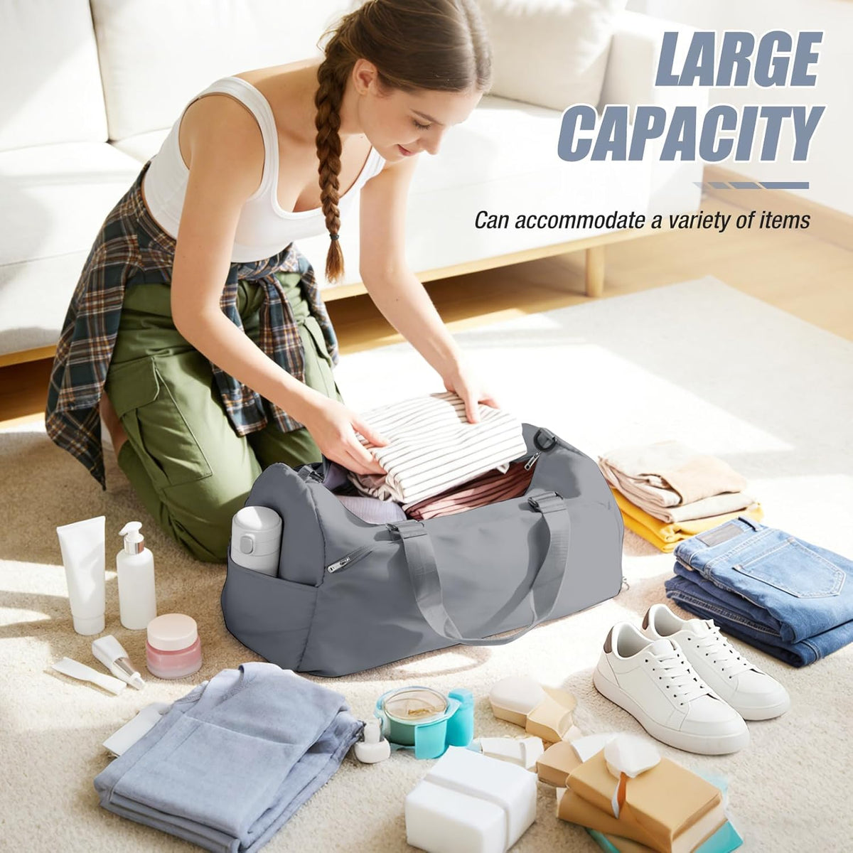 Gym Bag for Women & Men,Sports Duffel Bag Travel Bag with Shoe Compartment,Personal Item Weekender Bags with Wet Pocket,Grey Overnight Bag
