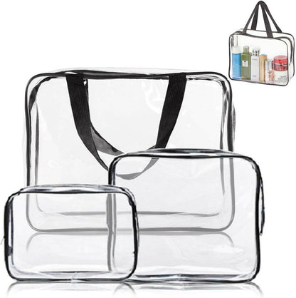 3 Pack Travel Clear Cosmetic Bag，Portable Toiletry Bags for Women Men，Waterproof PVC Packing Cubes with Zipper Handle Straps (black)