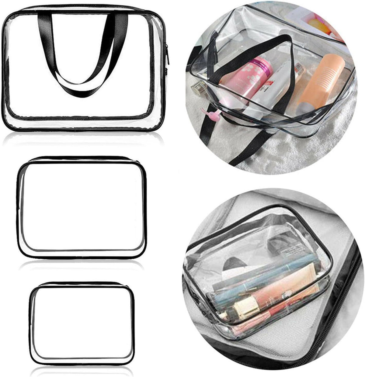 3 Pack Travel Clear Cosmetic Bag，Portable Toiletry Bags for Women Men，Waterproof PVC Packing Cubes with Zipper Handle Straps (black)