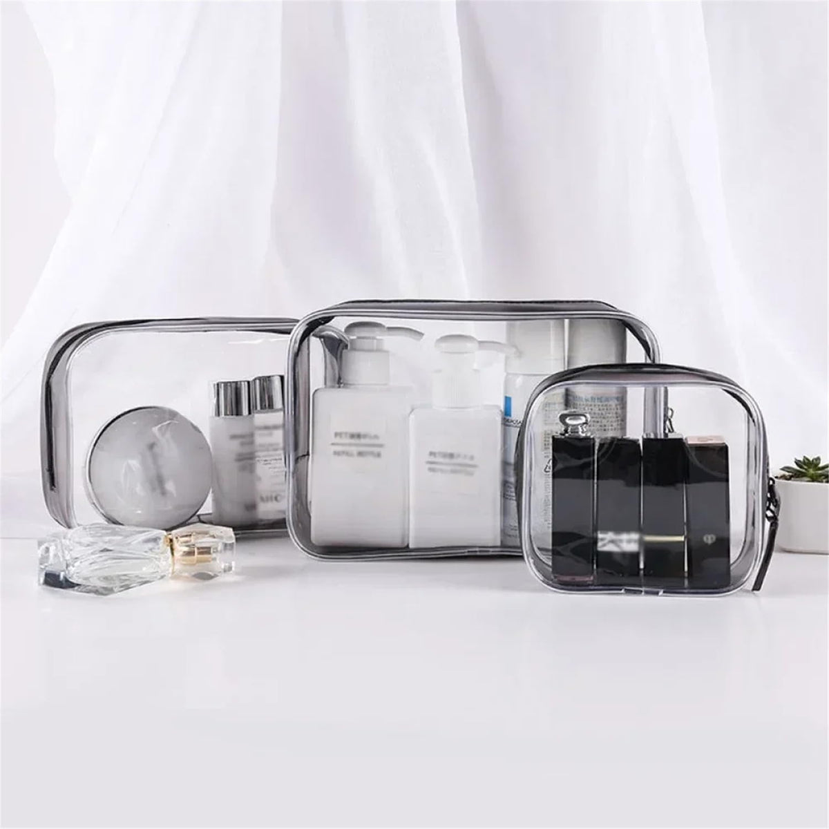 3 Pack Travel Clear Cosmetic Bag，Portable Toiletry Bags for Women Men，Waterproof PVC Packing Cubes with Zipper Handle Straps (black)