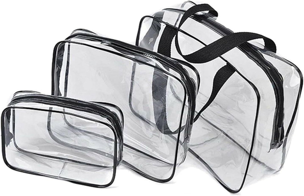 3 Pack Travel Clear Cosmetic Bag，Portable Toiletry Bags for Women Men，Waterproof PVC Packing Cubes with Zipper Handle Straps (black)