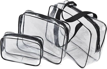 3 Pack Travel Clear Cosmetic Bag，Portable Toiletry Bags for Women Men，Waterproof PVC Packing Cubes with Zipper Handle Straps (black)