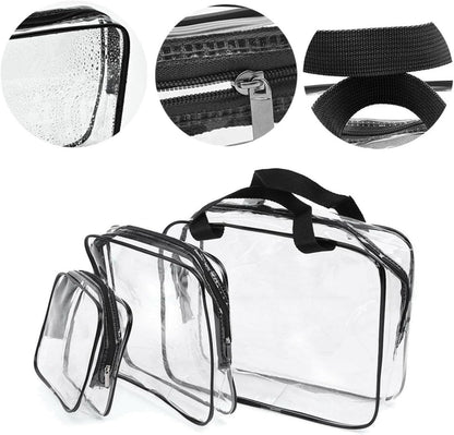 3 Pack Travel Clear Cosmetic Bag，Portable Toiletry Bags for Women Men，Waterproof PVC Packing Cubes with Zipper Handle Straps (black)