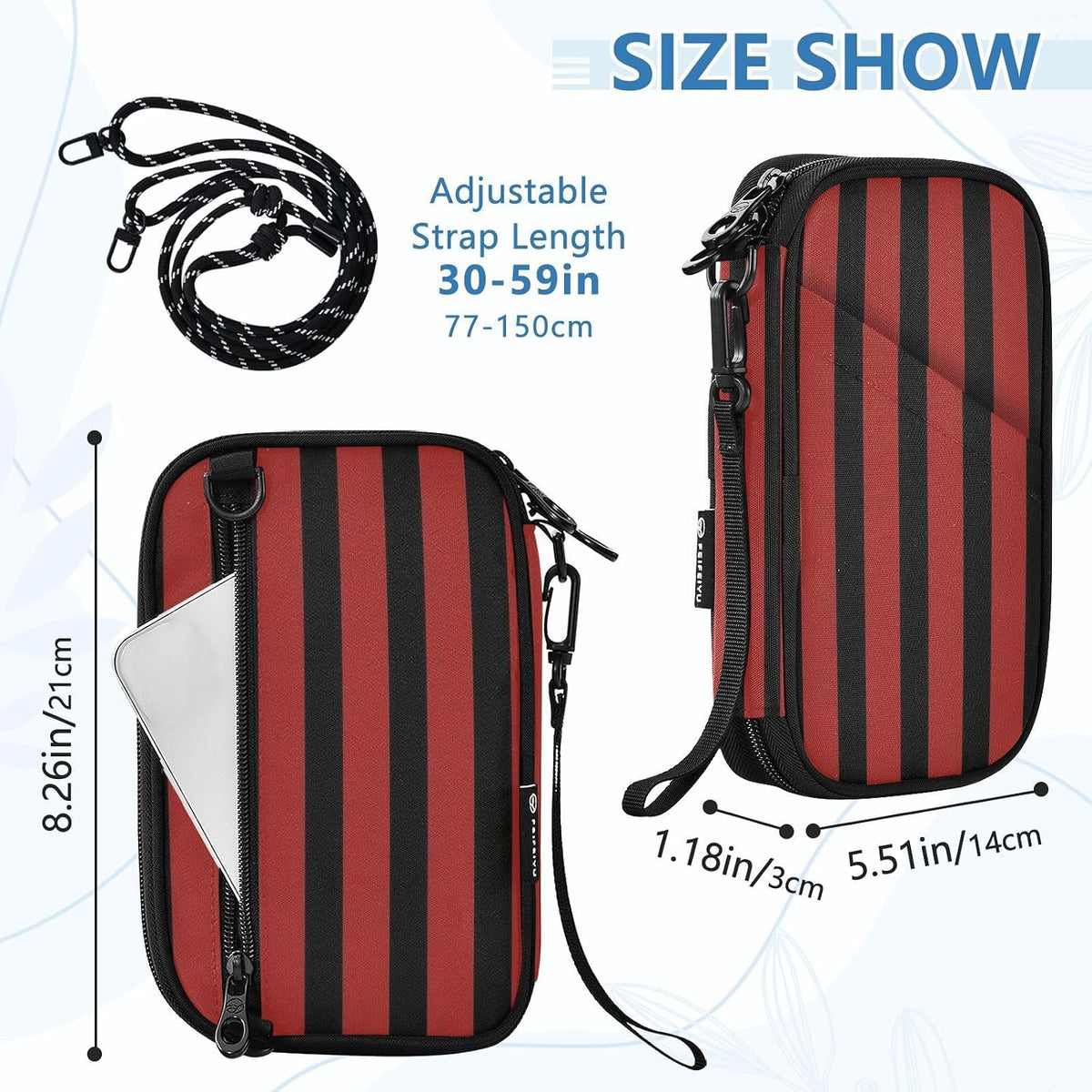 Travel Document Organizer 8.26×5.51×1.18 In | Scratch Resistant Polyester Pen Loop Detachable Strap for Men Women Travel Red Black Stripe