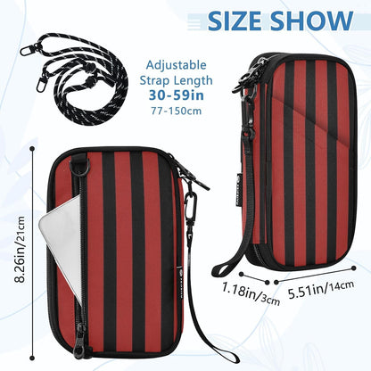 Travel Document Organizer 8.26×5.51×1.18 In | Scratch Resistant Polyester Pen Loop Detachable Strap for Men Women Travel Red Black Stripe