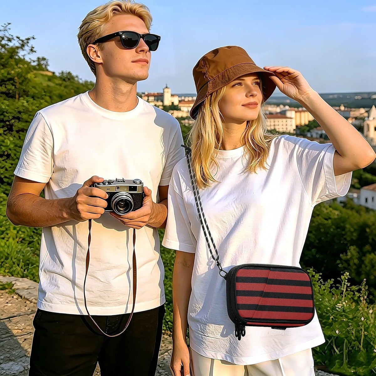 Travel Document Organizer 8.26×5.51×1.18 In | Scratch Resistant Polyester Pen Loop Detachable Strap for Men Women Travel Red Black Stripe