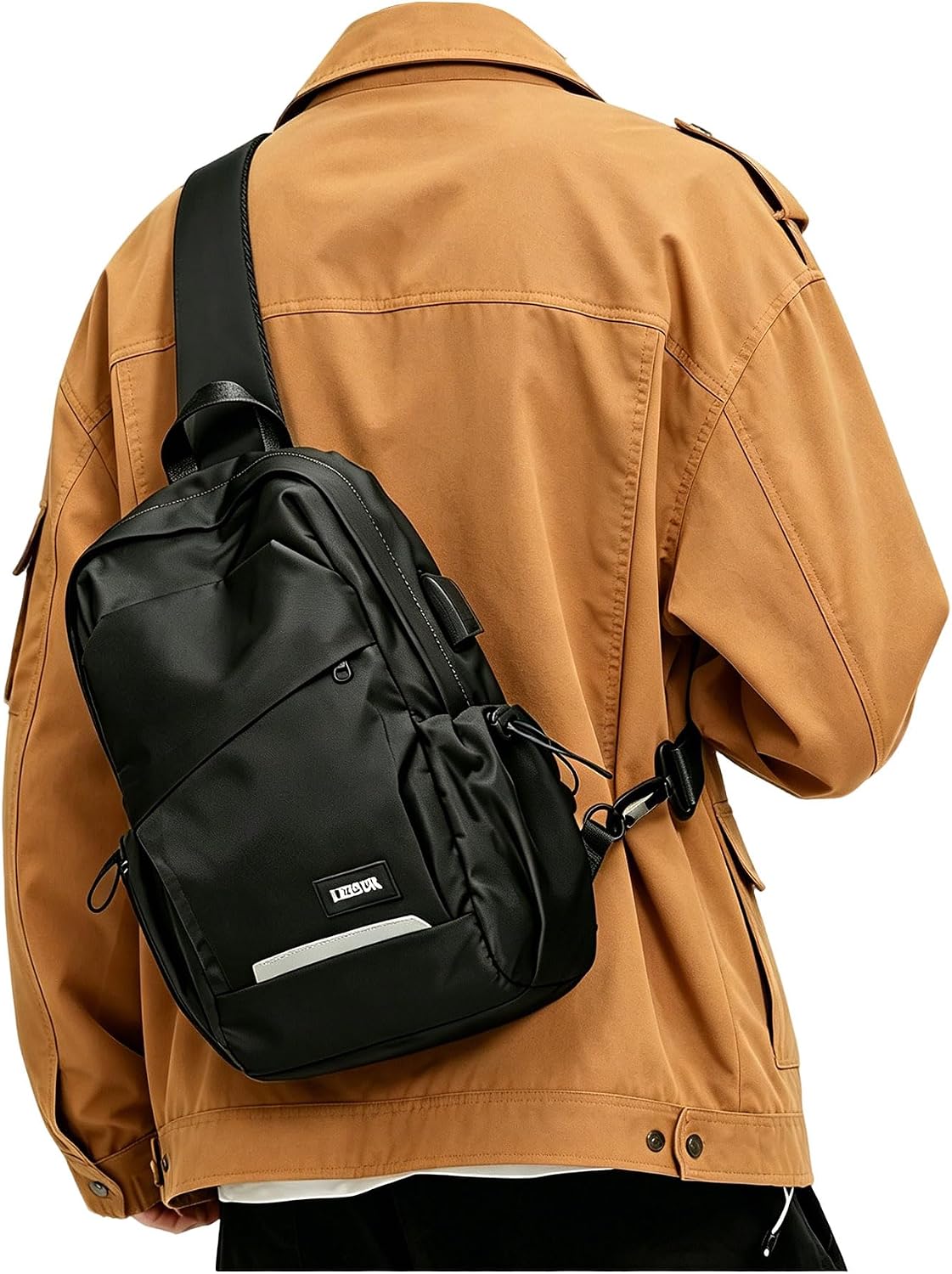 Small Black Sling Backpack Travel Hiking Daypack, Crossbody Sling Bag with USB Charging Port for Men Women 3 Layer Pockets One Shoulder Bag for Outdoor Sports Casual Commuting