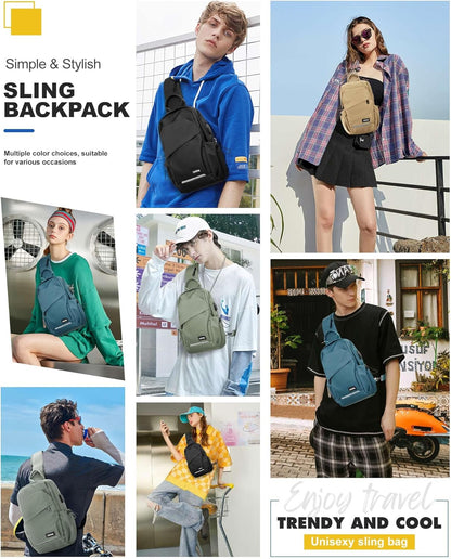 Small Black Sling Backpack Travel Hiking Daypack, Crossbody Sling Bag with USB Charging Port for Men Women 3 Layer Pockets One Shoulder Bag for Outdoor Sports Casual Commuting