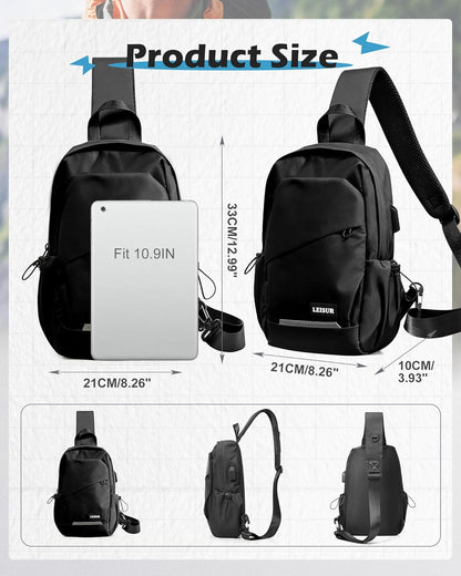 Small Black Sling Backpack Travel Hiking Daypack, Crossbody Sling Bag with USB Charging Port for Men Women 3 Layer Pockets One Shoulder Bag for Outdoor Sports Casual Commuting