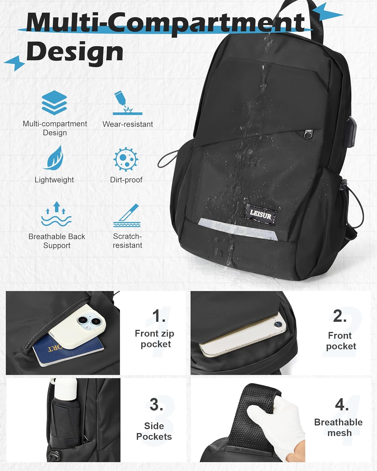 Small Black Sling Backpack Travel Hiking Daypack, Crossbody Sling Bag with USB Charging Port for Men Women 3 Layer Pockets One Shoulder Bag for Outdoor Sports Casual Commuting